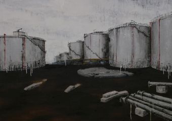  Anthropocene XI , 90x130cm ,  Asphalt, Coal, Metalic pigment and Oil on Canvas 