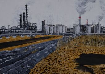  Anthropocene XII , 90x130cm ,  Asphalt, Limestone, Reed, Pigment and Oil on Canvas 